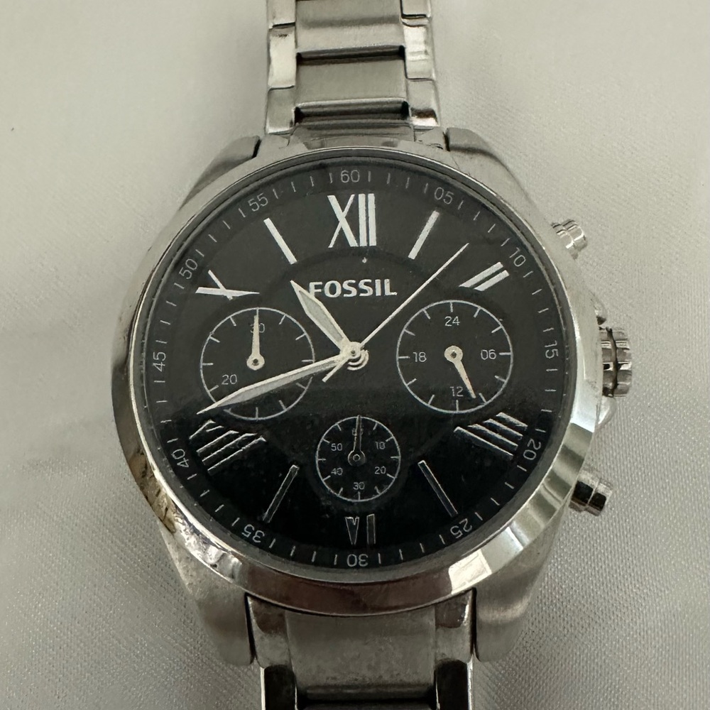 Fossil Black Dial Silver Band Watch